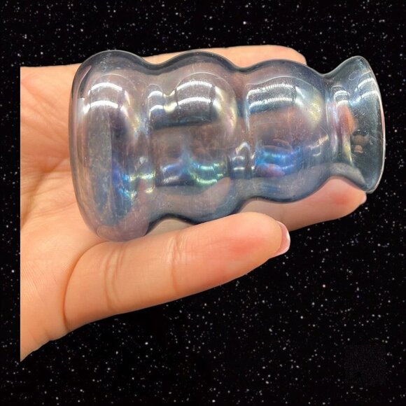 Iridescent Cobalt Blue Flint Glass Blown Vase Decoration Art Glass 3”T 1.5”W - Picture 6 of 12